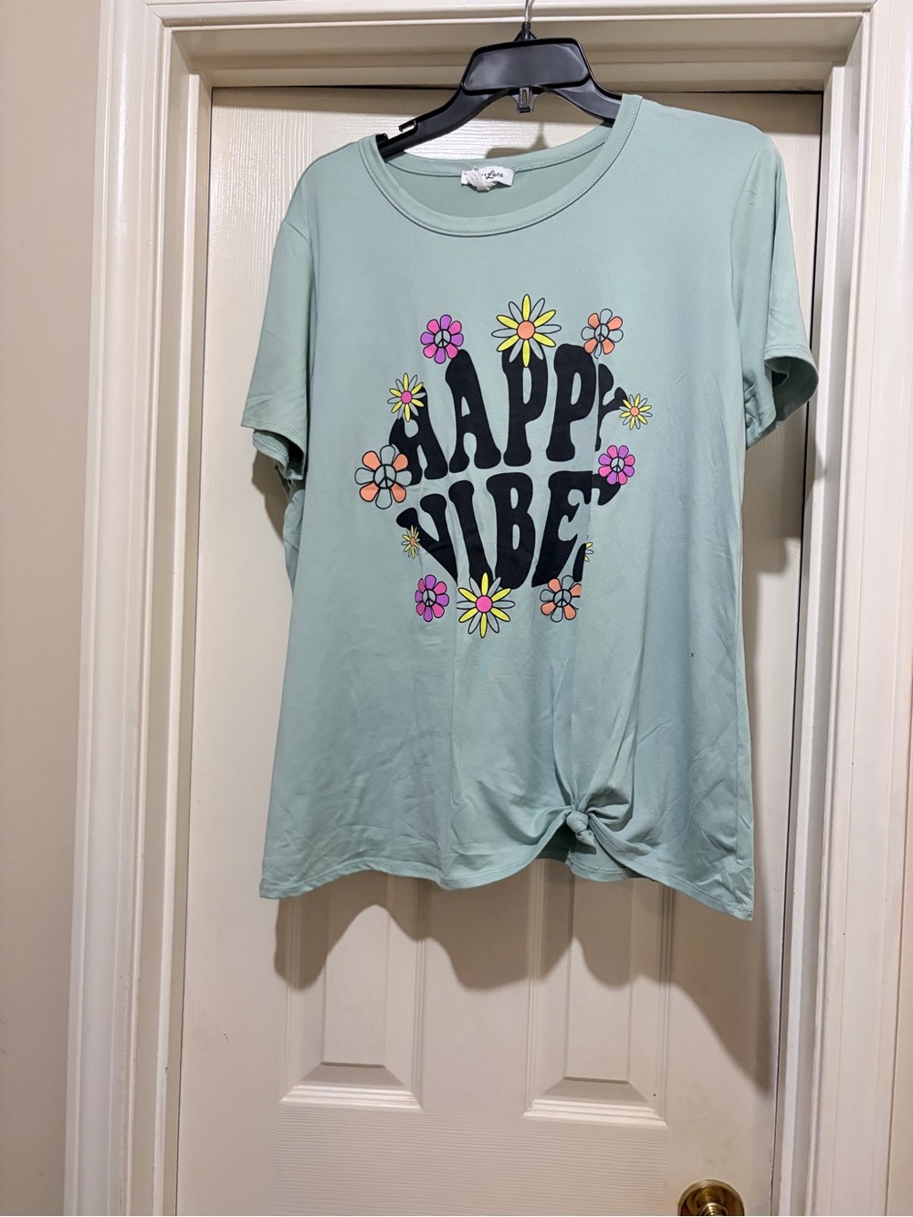 Sage Green "Happy Vibes" Floral Knot-Front Tee